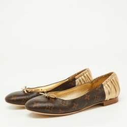 Pre Owned Louis Vuitton Gold/Brown Leather and Monogram Canvas Joy Ballet Flats Size 38