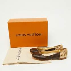 Pre Owned Louis Vuitton Gold/Brown Leather and Monogram Canvas Joy Ballet Flats Size 38