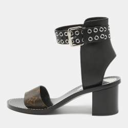 Louis Vuitton Brown/Black Leather and Monogram Canvas Block Heel Eyelet Ankle Cuff Sandals Size 37