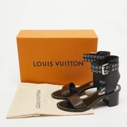 Louis Vuitton Brown/Black Leather and Monogram Canvas Block Heel Eyelet Ankle Cuff Sandals Size 37