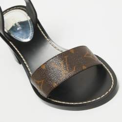 Louis Vuitton Brown/Black Leather and Monogram Canvas Block Heel Eyelet Ankle Cuff Sandals Size 37
