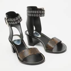 Louis Vuitton Brown/Black Leather and Monogram Canvas Block Heel Eyelet Ankle Cuff Sandals Size 37