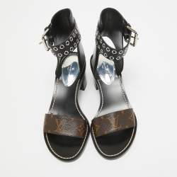 Louis Vuitton Brown/Black Leather and Monogram Canvas Block Heel Eyelet Ankle Cuff Sandals Size 37