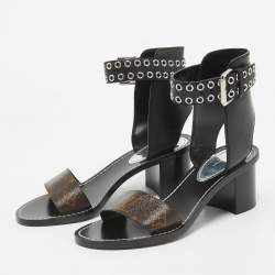 Louis Vuitton Brown/Black Leather and Monogram Canvas Block Heel Eyelet Ankle Cuff Sandals Size 37