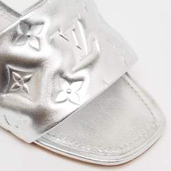 Pre Owned Louis Vuitton Silver Monogram Embossed Leather Revival Flat Slides Size 38