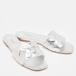 Pre Owned Louis Vuitton Silver Monogram Embossed Leather Revival Flat Slides Size 38