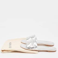 Pre Owned Louis Vuitton Silver Monogram Embossed Leather Revival Flat Slides Size 38