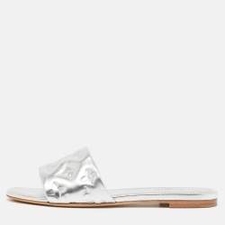 Pre Owned Louis Vuitton Silver Monogram Embossed Leather Revival Flat Slides Size 38