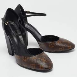 Pre Owned Louis Vuitton Brown/Black Monogram Canvas and Leather D'orsay Ankle Strap Pumps Size 39.5