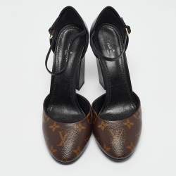Pre Owned Louis Vuitton Brown/Black Monogram Canvas and Leather D'orsay Ankle Strap Pumps Size 39.5