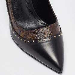 Pre Owned Louis Vuitton Black/Brown Monogram Coated Canvas and Leather Studded Pointed Toe Pumps Size 37