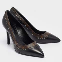 Pre Owned Louis Vuitton Black/Brown Monogram Coated Canvas and Leather Studded Pointed Toe Pumps Size 37