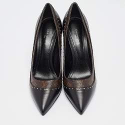 Pre Owned Louis Vuitton Black/Brown Monogram Coated Canvas and Leather Studded Pointed Toe Pumps Size 37
