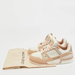 Pre Owned Louis Vuitton Pink/Cream Nubuck Leather LV Trainer Sneakers Size 37.5