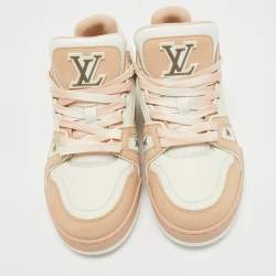 Pre Owned Louis Vuitton Pink/Cream Nubuck Leather LV Trainer Sneakers Size 37.5