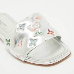 Louis Vuitton Silver Monogram Embossed Leather Revival Flat Slides Size 37