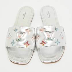 Louis Vuitton Silver Monogram Embossed Leather Revival Flat Slides Size 37