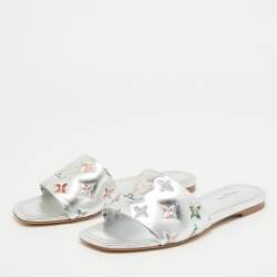 Louis Vuitton Silver Monogram Embossed Leather Revival Flat Slides Size 37