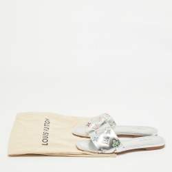 Louis Vuitton Silver Monogram Embossed Leather Revival Flat Slides Size 37