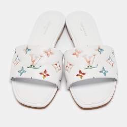 Louis Vuitton White Monogram Embossed Leather Revival Flat Slides Size 37