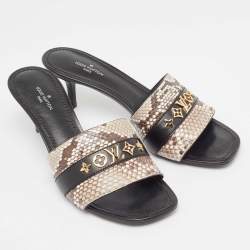 Louis Vuitton Black/Brown Leather and Python Slide Sandals Size 37
