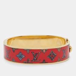 Pre Owned Louis Vuitton LV Hinge Enamel Gold Tone Bangle Bracelet S