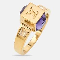 Pre Owned Louis Vuitton Gamble Crystal Gold Tone Ring Size 56