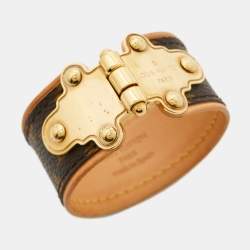Pre Owned Louis Vuitton Gold Tone Save It Brown Monogram Canvas Wide Cuff Bracelet 17
