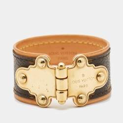 Pre Owned Louis Vuitton Gold Tone Save It Brown Monogram Canvas Wide Cuff Bracelet 17