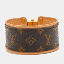 Pre Owned Louis Vuitton Gold Tone Save It Brown Monogram Canvas Wide Cuff Bracelet 17