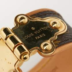 Pre Owned Louis Vuitton Gold Tone Save It Brown Monogram Canvas Wide Cuff Bracelet 17