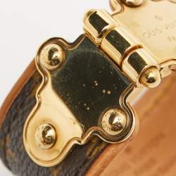 Pre Owned Louis Vuitton Gold Tone Save It Brown Monogram Canvas Wide Cuff Bracelet 17
