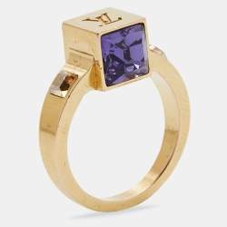 Pre Owned Louis Vuitton Gamble Crystal Gold Tone Ring Size 50