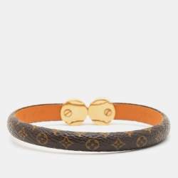 Pre Owned Louis Vuitton Monogram Brown Leather Gold Tone Bracelet