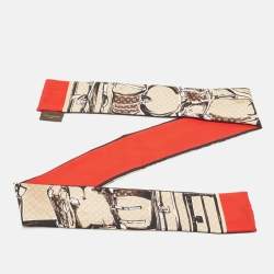 Pre Owned Louis Vuitton Red Monogram Trunks Print Silk Bandeau Scarf