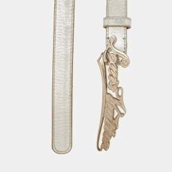 Pre Owned Vuitton Metallic Silver Leather Logo Narrow Belt 80CM