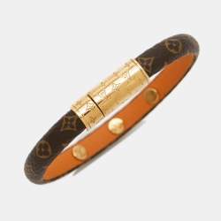 Pre Owned Louis Vuitton Keep It Canvas Leather Brown Monogram Gold Tone Bracelet