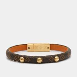 Pre Owned Louis Vuitton Keep It Canvas Leather Brown Monogram Gold Tone Bracelet