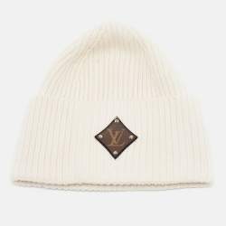 Louis Vuitton Off White Leather LV Applique Rib Knit Beanie