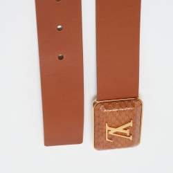 Louis Vuitton Brown Leather and Snakeskin Square Logo Buckle Belt 80CM