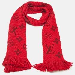 Pre Owned Louis Vuitton Red Wool & Silk Jacquard Logomania Shawl