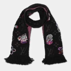 Pre Owned Louis Vuitton Pink/Black Wool Silk Echarpe Mania Superstation Scarf 