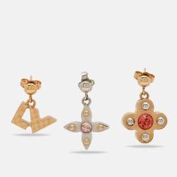 Pre Owned Louis Vuitton Love Letters Crystals Two Tone Metal Set of 3 Earrings