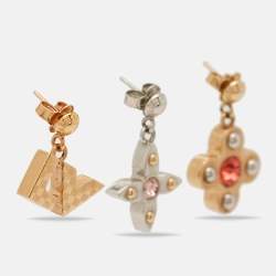 Pre Owned Louis Vuitton Love Letters Crystals Two Tone Metal Set of 3 Earrings