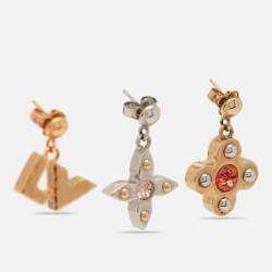 Pre Owned Louis Vuitton Love Letters Crystals Two Tone Metal Set of 3 Earrings