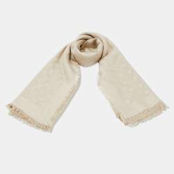 Pre Owned Louis Vuitton Classique Monogram Greige Wool Silk Classique Monogram Shawl