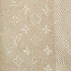 Pre Owned Louis Vuitton Classique Monogram Greige Wool Silk Classique Monogram Shawl