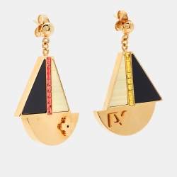 Pre Owned Louis Vuitton Float the Boat Crystal Resin Wood Gold Tone Necklace and Earrings Set