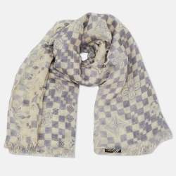 Pre Owned Louis Vuitton Cream & Blue Damien Printed Cashmere & Silk Shawl