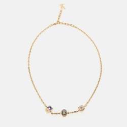 Louis Vuitton Gold Tone Metal Crystal Gamble Necklace
